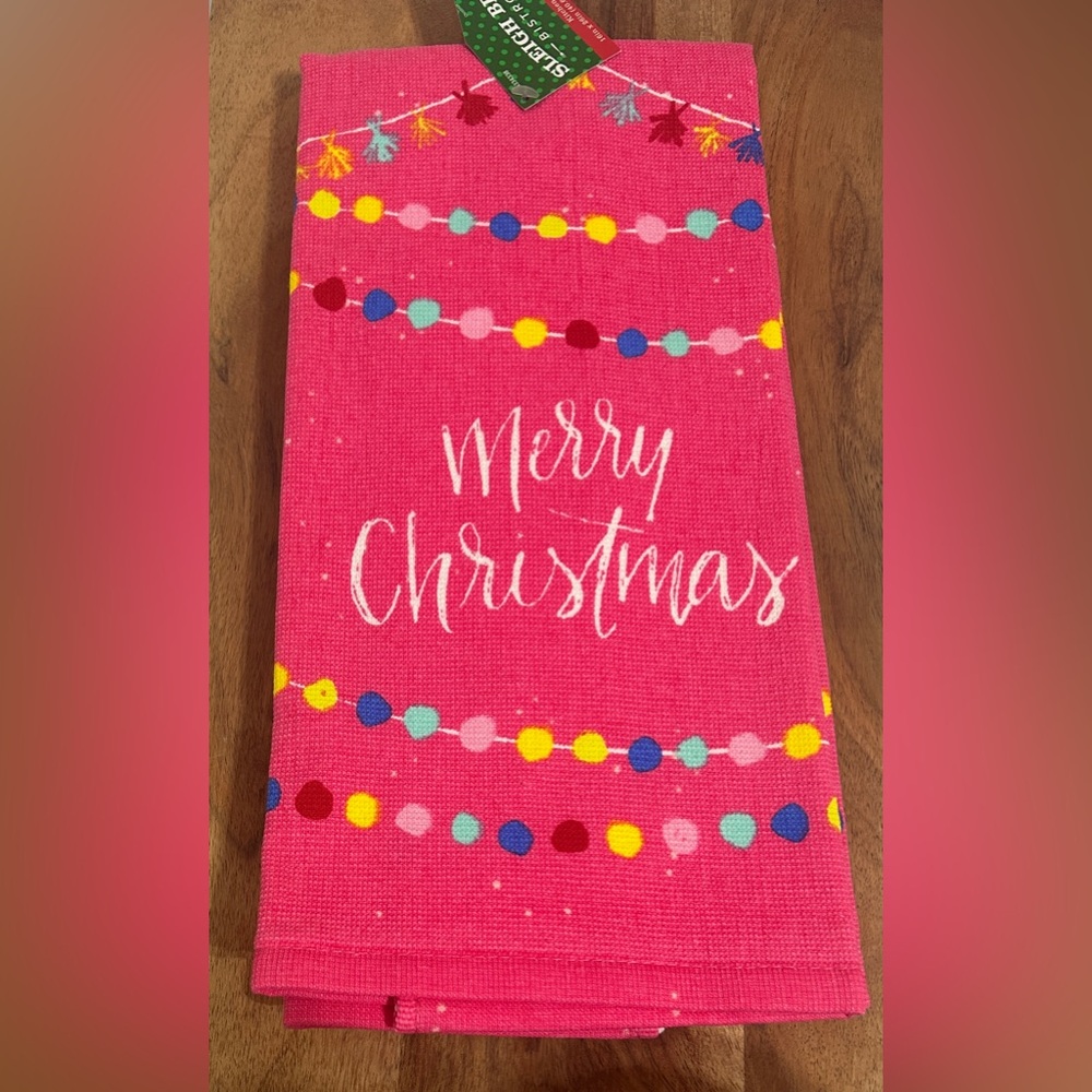 Sleigh Bell Bistro Pink Merry Christmas Kitchen Dish Towels Set of 2 Cotton NEW